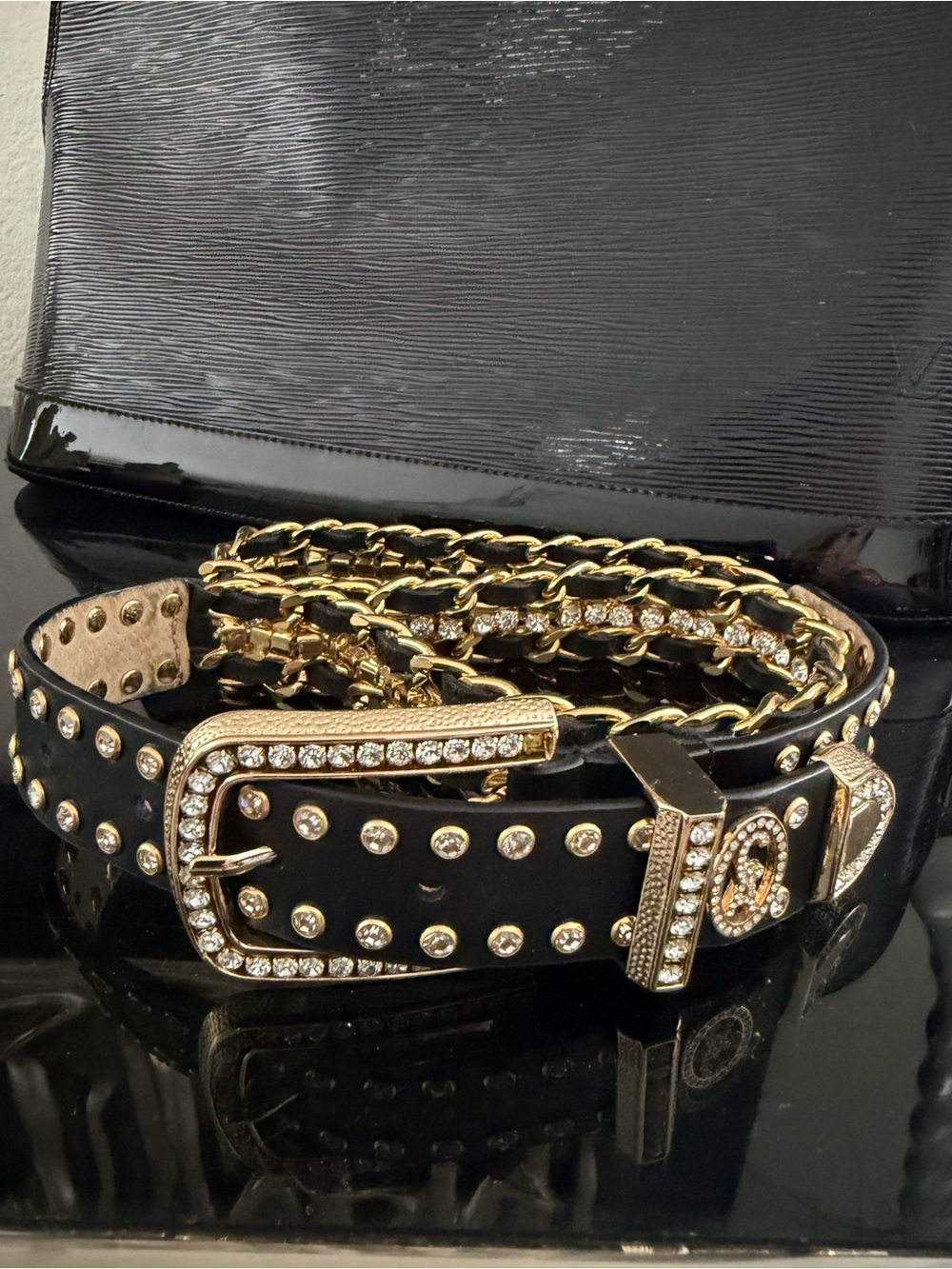 Stylish Black Leather Rhinestone Studded Chain Belt by Christine Alexander